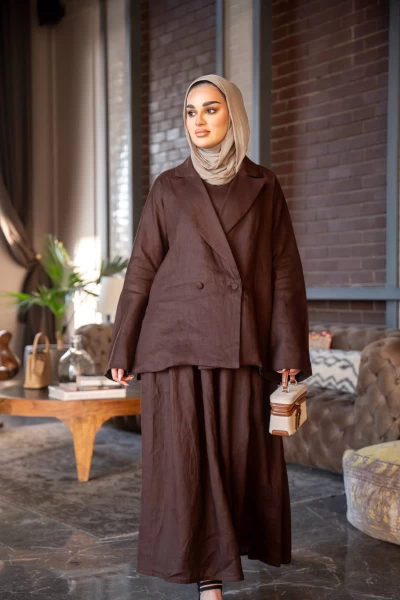 طقم جاكيت و فستان لينن باللون البني  C:J1024